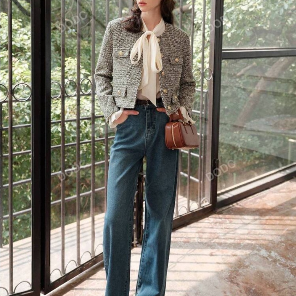 2 piece set- Green/ivory tweed textured collarless blazer cardigan & mini skirt - Picture 11 of 16